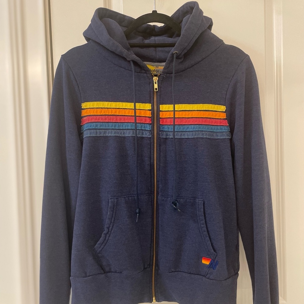 Navy Hoodie with Colorful Stripes